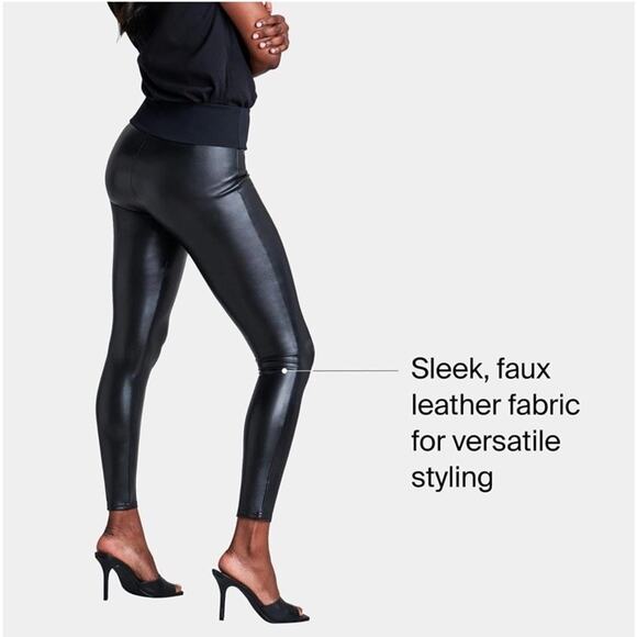 Spanx Assets Women’s Faux Leather Slimming Leggings Plus Size 1x Blk Tummy Panel - Picture 3 of 9